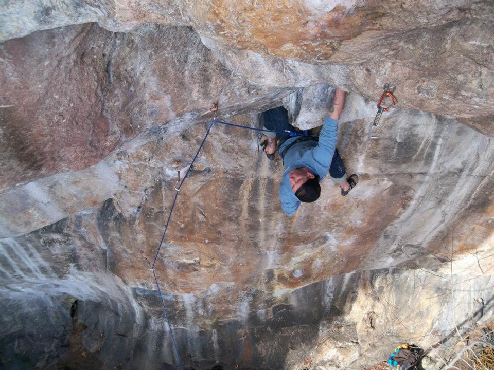 Rob preparing to get cruxy on Slabster's Lament (5.12a)