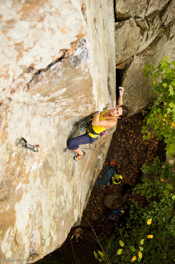 A belayer receives extra points for color-coordinating with their climber...