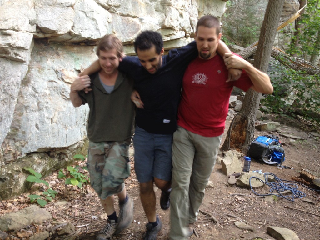 Ali in pain but still smiling as he hobbles down to the car!