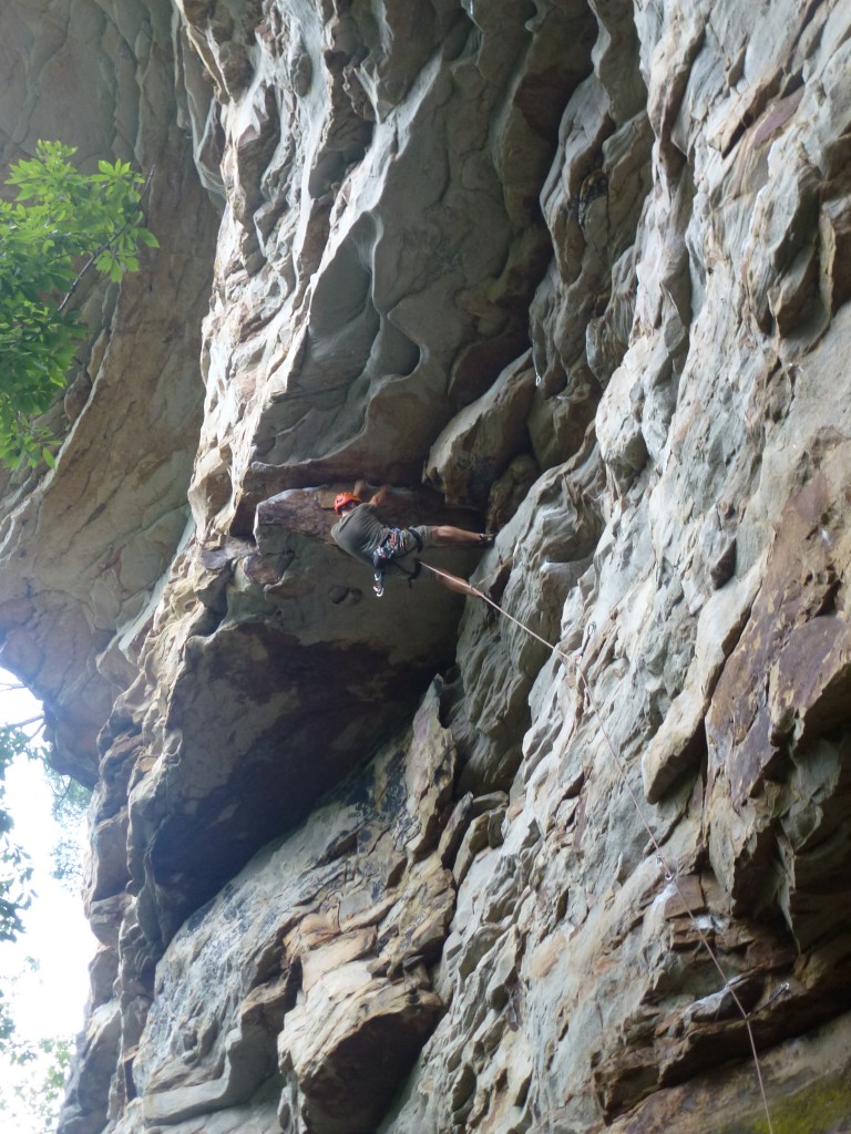Steve cranking out the roof of The Rail (5.11c)