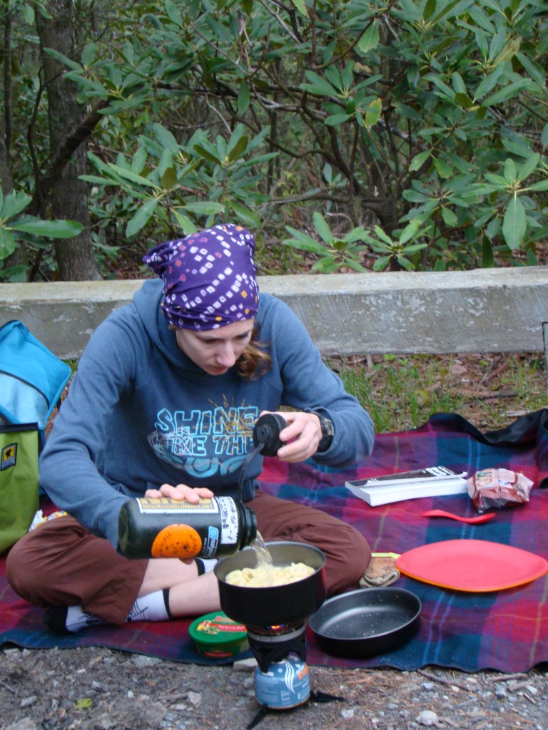 Rustling up some pesto pasta after a day of climbing in the Linville Gorge, NC.