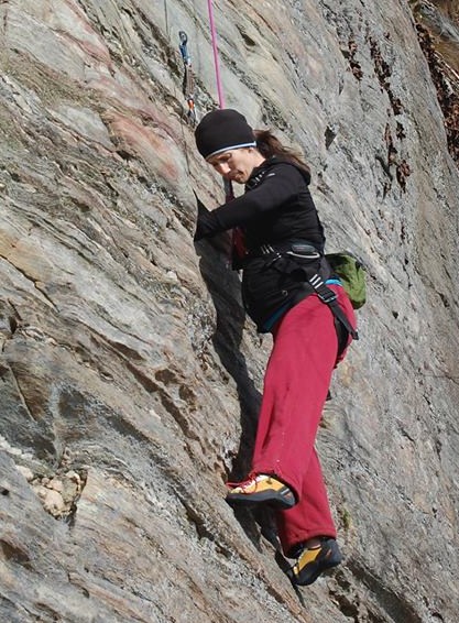 Halfway up a route in the Topanga pants, 34 weeks  (w/Clouds Rest Baselayers somewhere under there!)