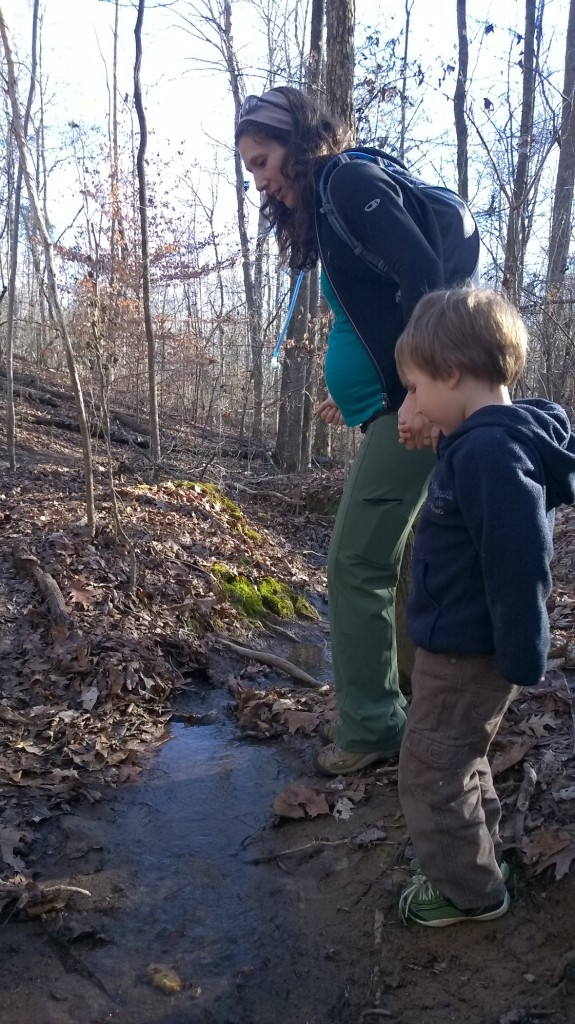 A little impromptu creek-jumping on a muddy hike at 32 weeks.