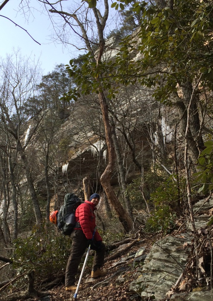 My favorite sherpa hiking his way up to the ice...er, rock.