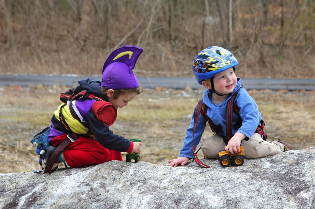 Crag-kiddos representin' with their matching Trango harnesses as they wait their turn to climb.