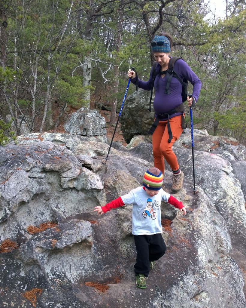 San Juan Top and Baselayer bottoms on a family hike at 30 weeks.