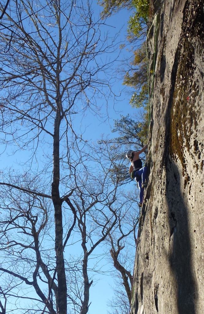 Contemplating the business on Steady Eddie (5.12a)