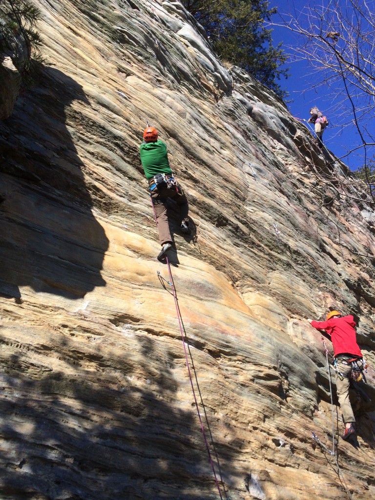 Lots of climbers on the wall! (and the Crag-Daddy rockin' Skin Toy 5.11b)