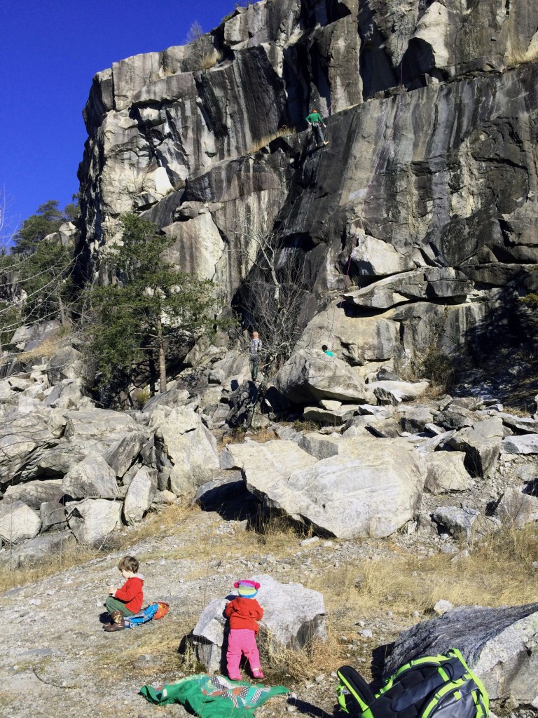 Crag-Daddy lowering off of Bullistics 5.10b as the kiddos play merrily at the base