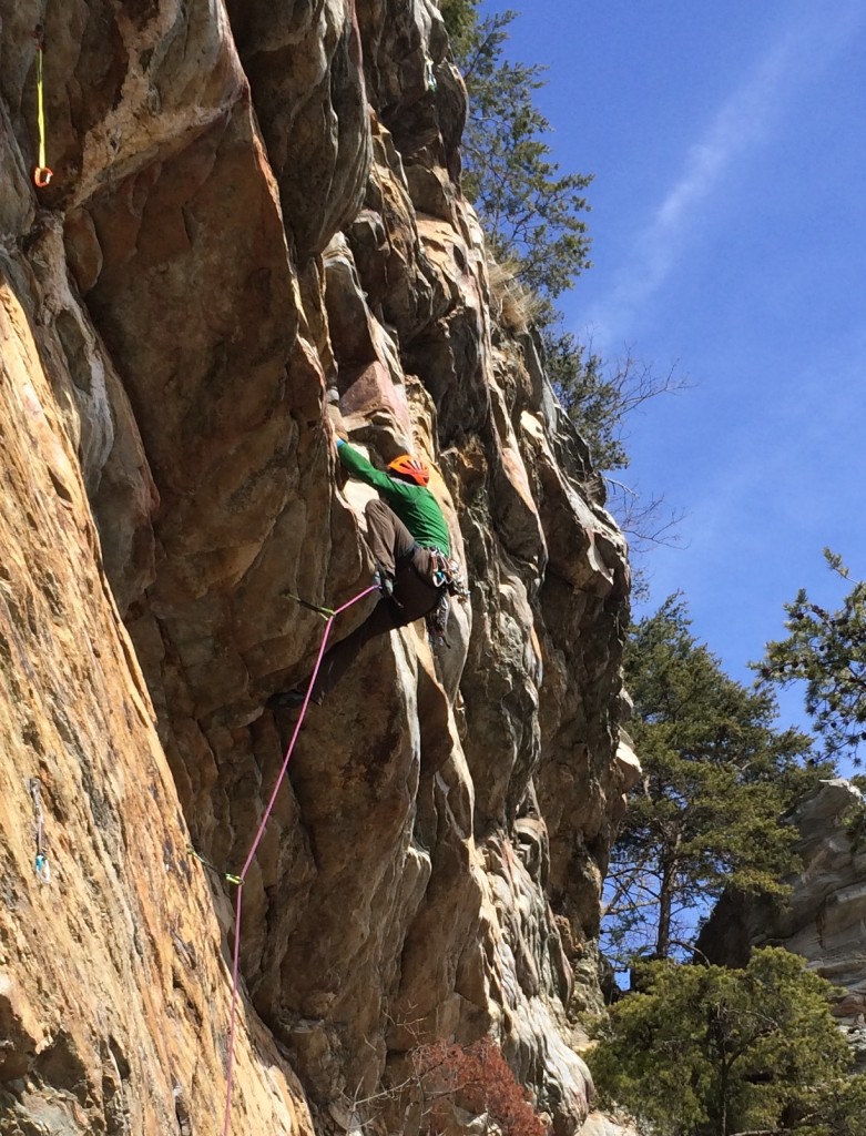 Crag-Daddy pulling hard on the roof of I'll Be Danned (5.10+)
