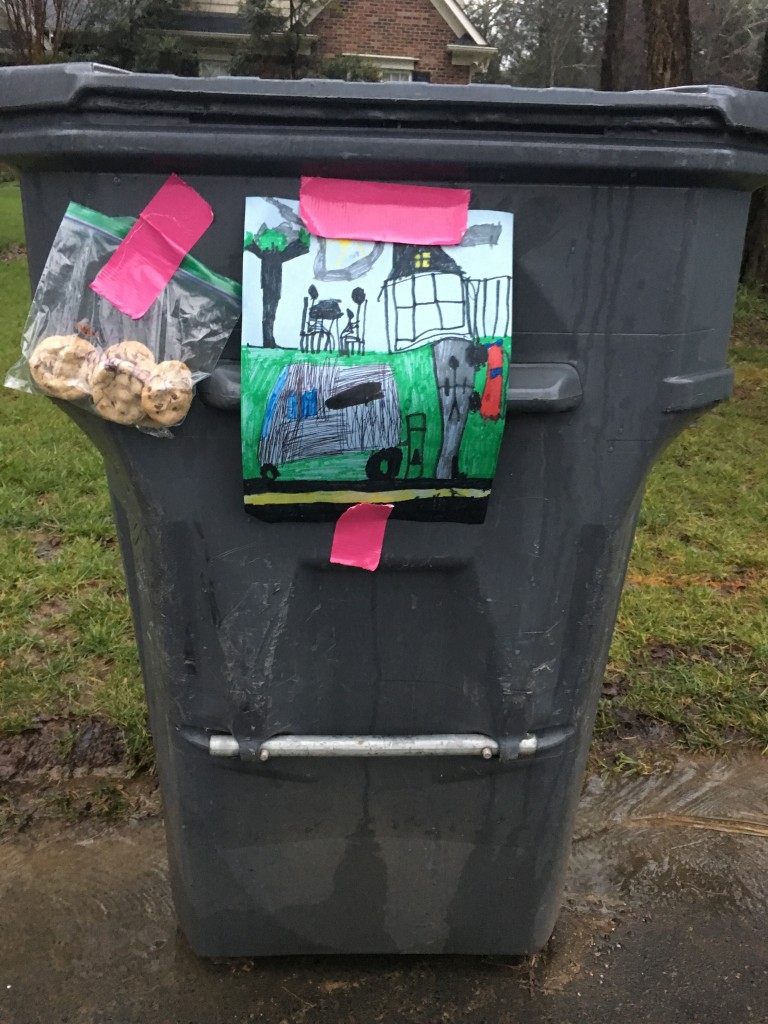 Thank you notes and cookies left for our garbageman during Community Helpers week.