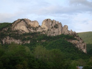 Seneca Rocks - N. Peak on the left, S. Peak on the right, Gunsight Notch is the dip in the middle.