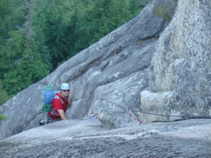 Steve securely swimming in a sea of slab on Deidre (5.8) in Squamish, British Columbia