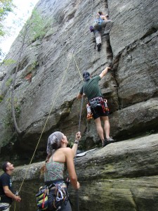 Kathy on Troubled Clef (5.9-), while Huck gets ready to start on Kampsight (5.9+)  Scott and I belaying...this is before the rain struck!